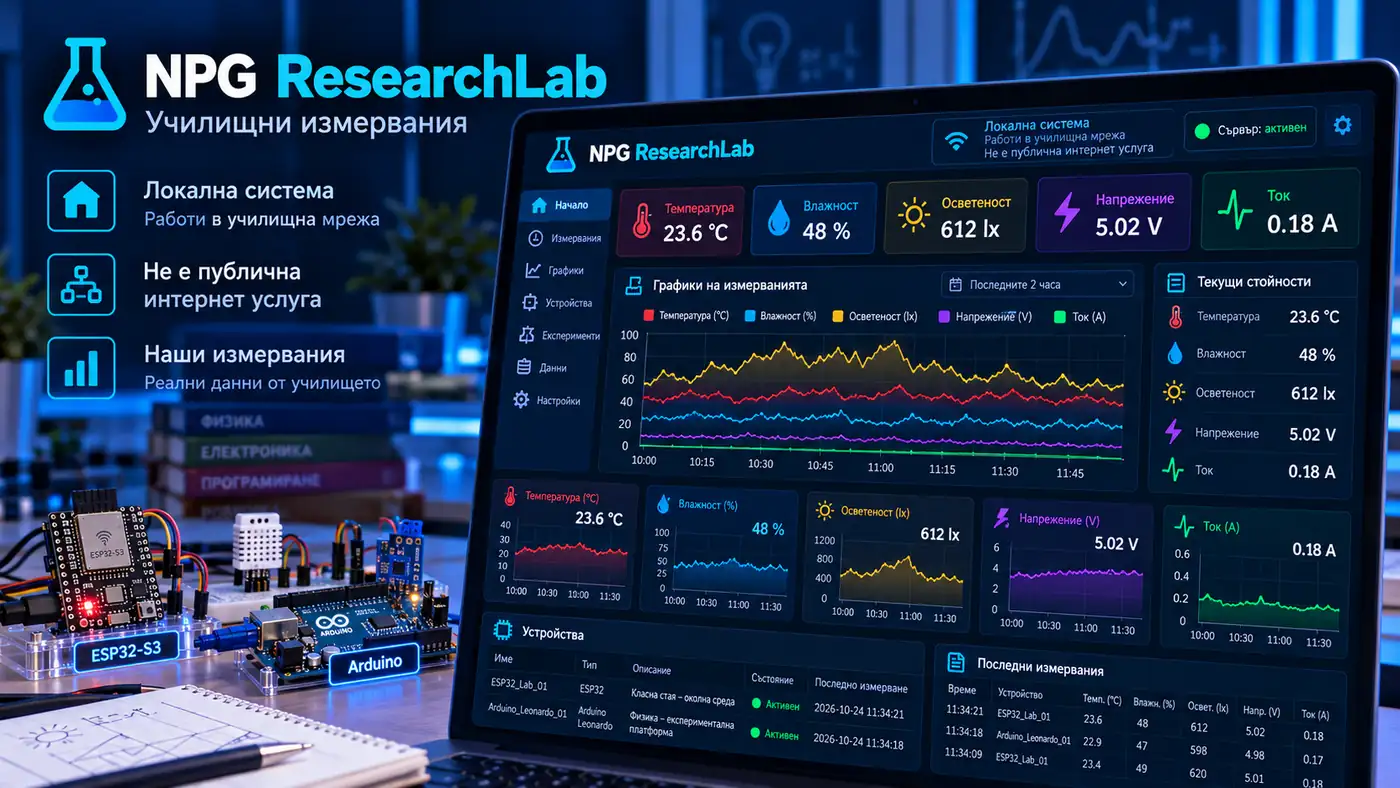 Илюстрация на NPG ResearchLab с табло за температура, влажност, светлина, напрежение и ток