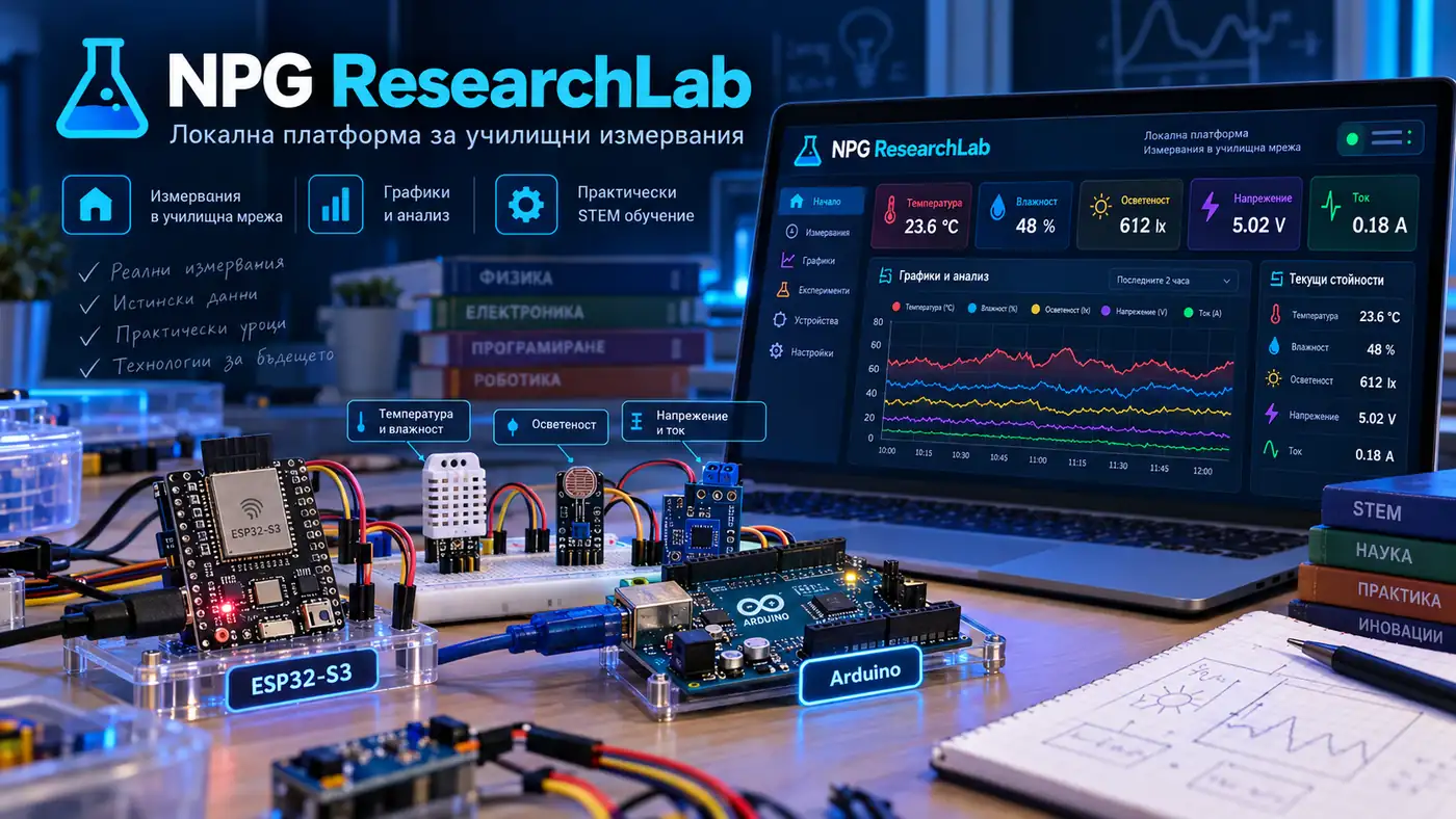 Илюстрация на учебна лаборатория с ESP32, Arduino, датчици за температура, влажност, осветеност, напрежение и ток, и графики на NPG ResearchLab