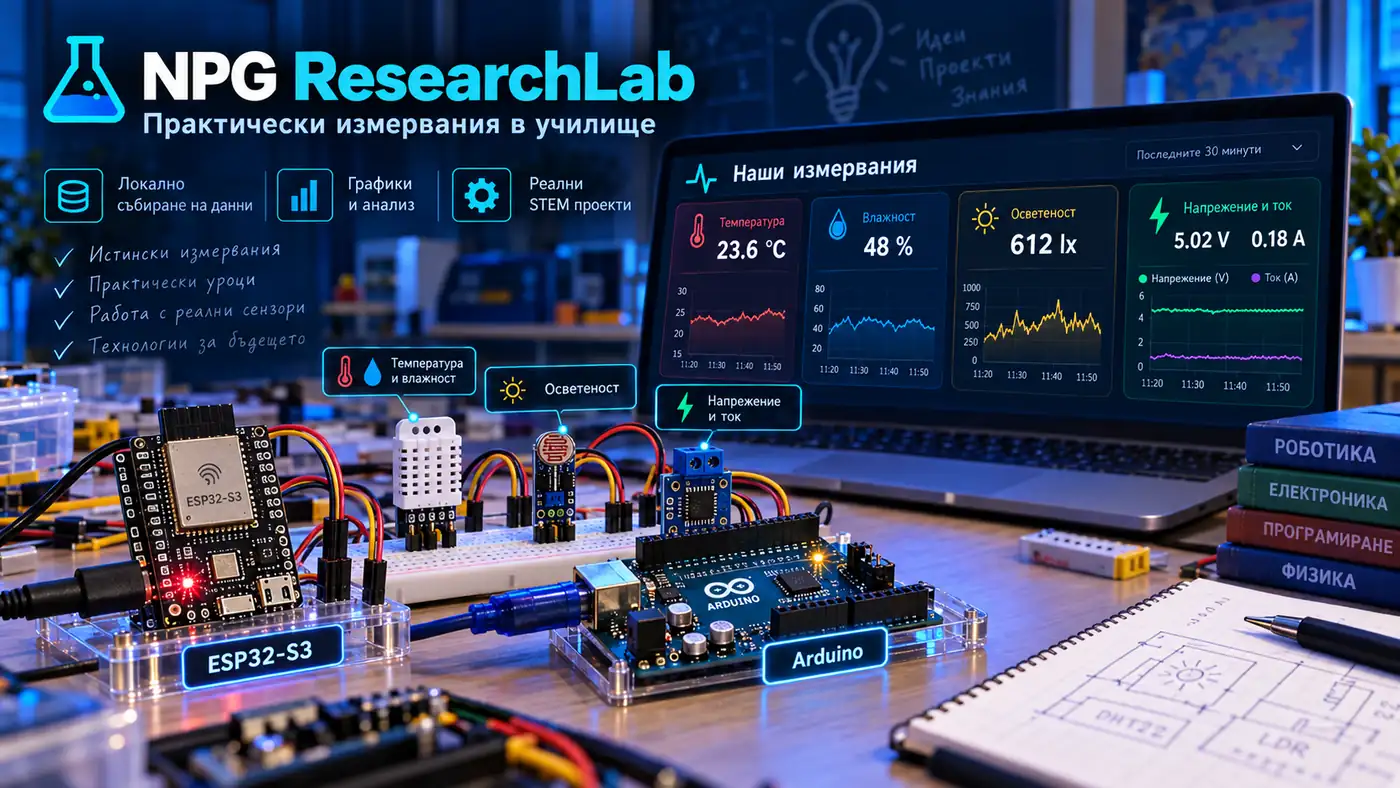 Илюстрация на ESP32-S3, Arduino, сензорни модули и графики